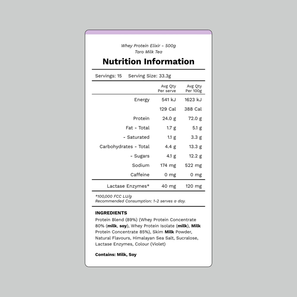 Far East Alchemy Whey Protein Elixir, 500g, Designer Flavours Nutrition Information