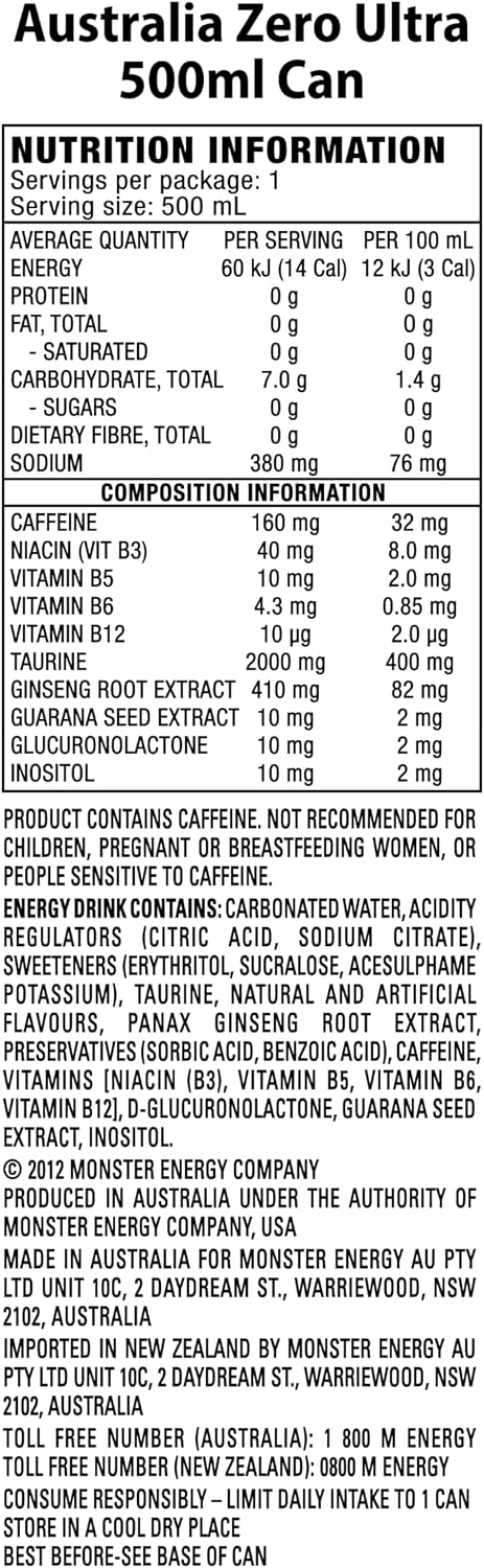 Monster Ultra Energy Drink, 24 x 500ml Nutrition Information
