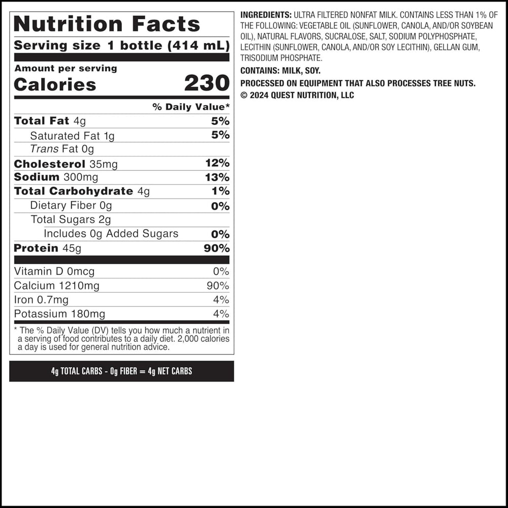Quest Nutrition Protein Shake, 45g Protein, 2g Sugar, 4g Net Carbs, Ready to Drink, Gluten Free, 12 Count Nutrition Information