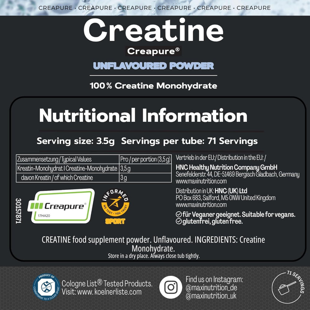 Maxi 100% Creatine Monohydrate, 250g, Unflavoured Nutrition Information